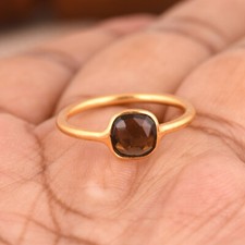 18k Gold Plated Cushion Smoky Quartz Gemstone Ring For Wife Anniversary Gift