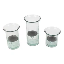 Recycled Glass Hurricane Votive Candle Holder Set Three Rustic Metal Insert