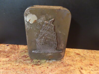 VTG OWEN Sewing Tin Box Metal Hinged Lid  Stash Tin Sailboat  3.5 x 4.5  USA 3D