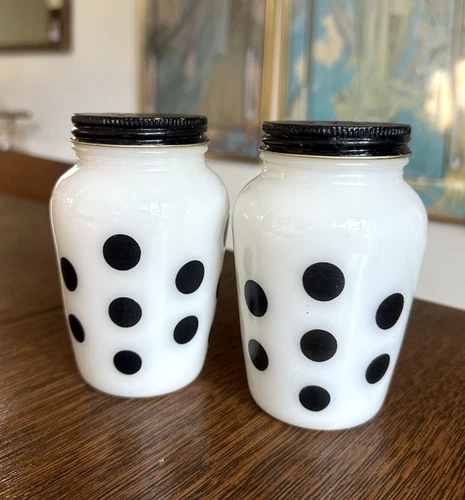 RARE Fire King Black Polka Dot Salt & Pepper Range Shakers Retro Vintage