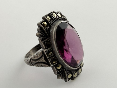 #ad Vintage Uncas Manufacturing Sterling Silver Purple Glass Marcasite Ring Sz 6.25 $38.00