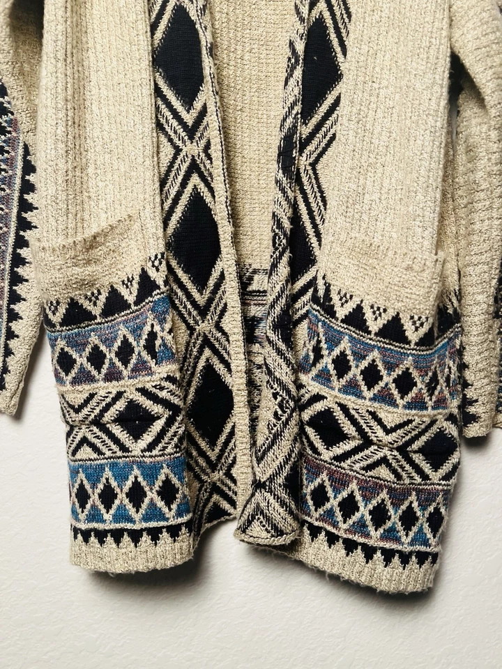 Lucky Brand Open Front Cardigan Sweater Sz M Beige Pockets Southwestern Tribal - Image 4 of 4