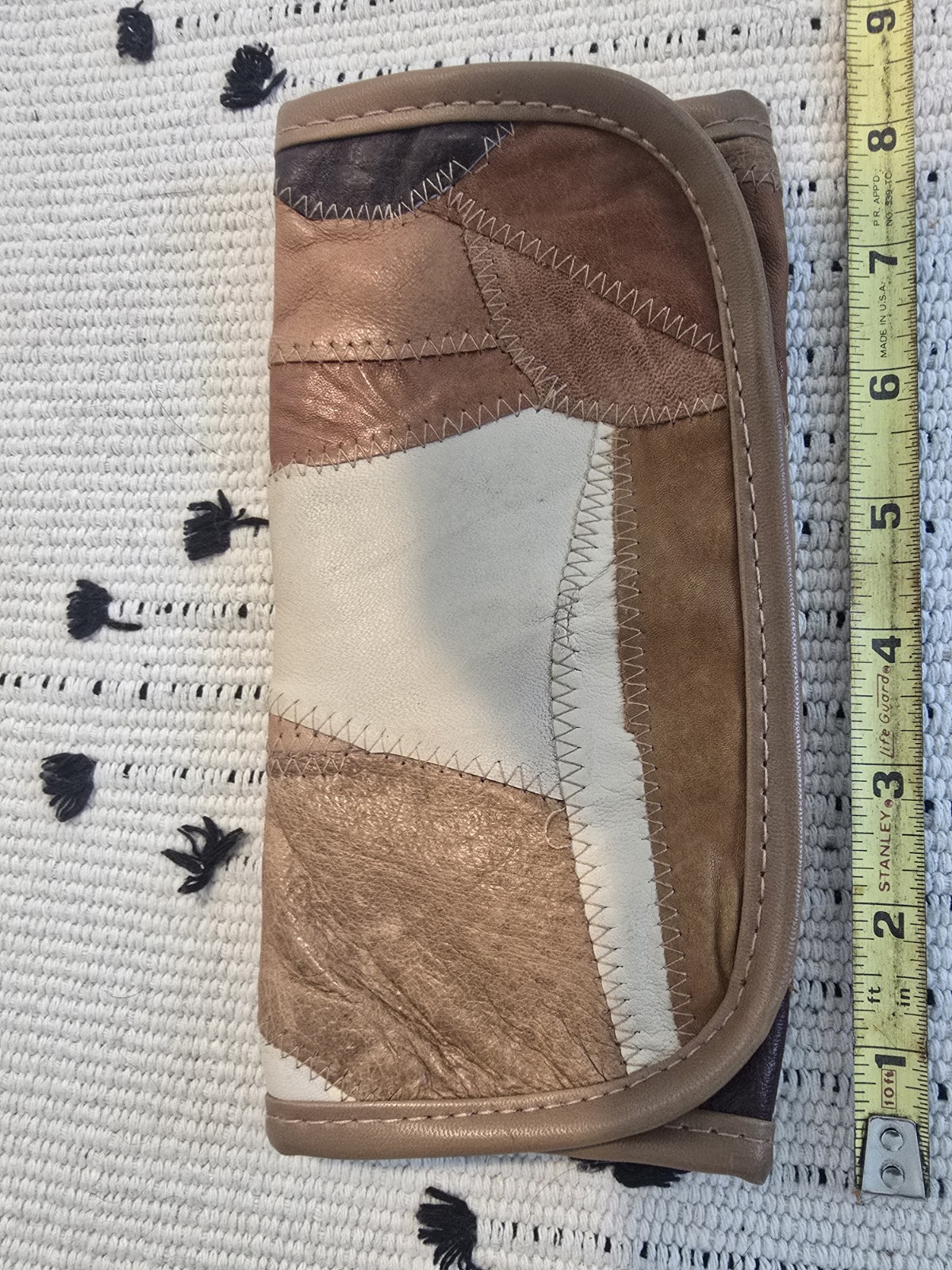 Patchwork leather wallet clutch zigzag stitch tri… - image 8