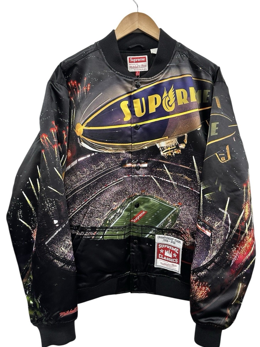 Supreme Mitchell & Ness Stadium Satin Varsity Jacket Size L Black
