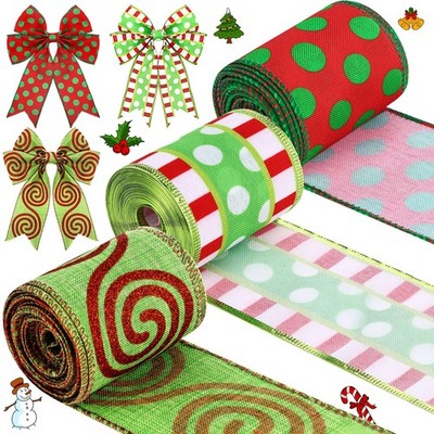 3 Rolls Christmas Wired Ribbon Red Lime Green 2.56 Inch Polka Dot Swirl Fabric