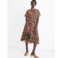 Madewell Dolman Sleeve Ruffle Hem Midi Dress in Flower Garden Dress Multi Sz 14