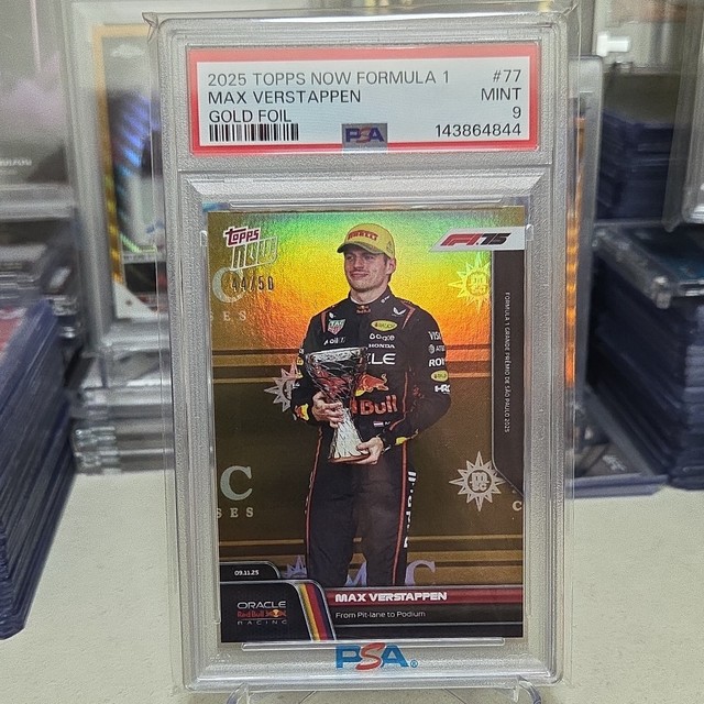 Topps 2025 Topps Now Formula 1 Max Verstappen #77 Gold Foil 44/50 PSA 9