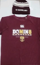 NRL QLD Maroons Youth Size 14 Dominate Short Sleeve Tee + Beanie State of Origin