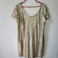 Roz & Ali Gold Sequin Cocktail Dress Short Sleeve Scoop Neck Plus Size 20