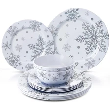 12 Pcs Christmas Snowflake Dinnerware Set Plates Bowls Service for 4 Winter P...