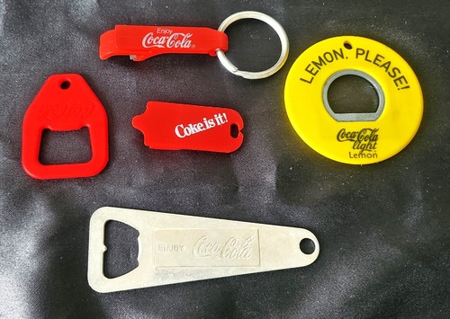 5 COCA COLA BOTTLE OPENERS RED COLOR KEYCHAIN/ COKE LEMON ROUND SHAPE USED