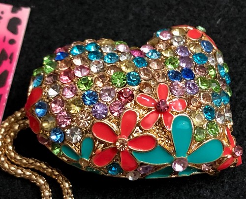 NWT BETSEY JOHNSON Multi Color Enamel Rhinestone Puffy Heart Pendant Necklace - Picture 6 of 8