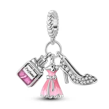 MULA Perfume Dress High Heels Dangle Charm CZ Fit Bracelet 925 Sterling Silver