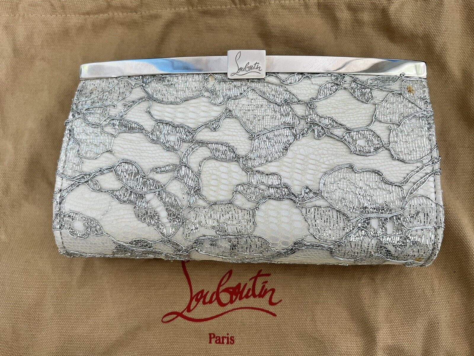 Christian Louboutin Palmette Small Dentelle Silver Lace Clutch Handbag