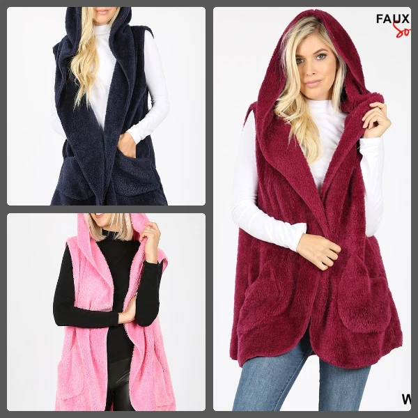 NUEVO CHALECO CHAQUETA DE PELUCHE CON CAPUCHA SHERPA POLAR PIEL SINTÉTICA VINO ROSA NEGRO S M L