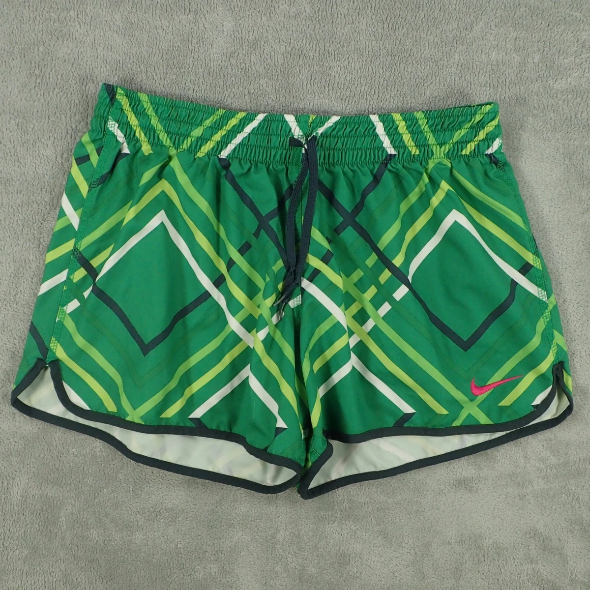 Nike Shorts Womens Medium Green Striped Dri Fit Running Fit Dry Pink Logo