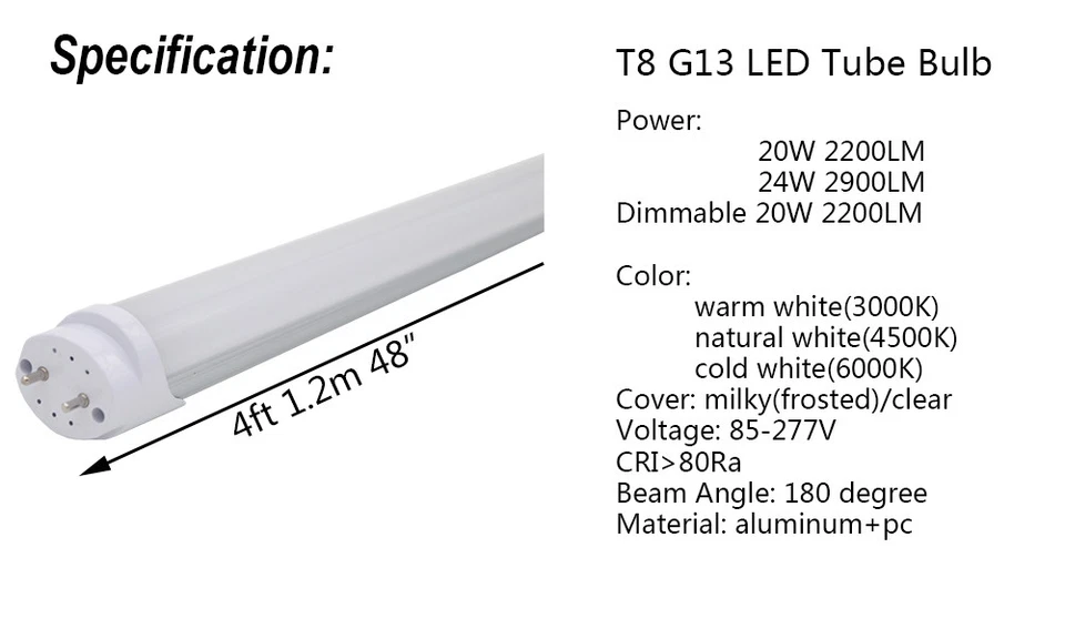 Dimmable 20W 24W LED Tube Bulb 4FT 1.2M 48" Lamp G13 Fluorescent Light 110V 220V - Image 2 of 4