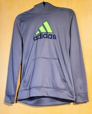 Adidas Boys Size Large 14/16 Green Logo Gray Long Sleeve Hoodie Sweatshirt