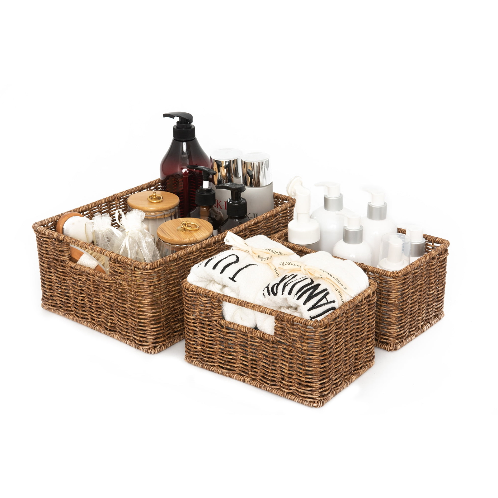 Wicker Storage Baskets Handmade Woven Basket for Bathroom 3-Pack Sturdy Metal-image