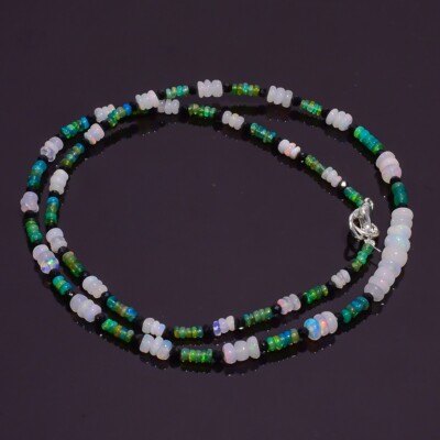 26 Ct. Natural Ethiopian Opal Black Spinel Smooth Beads Necklace 16'' A-2072