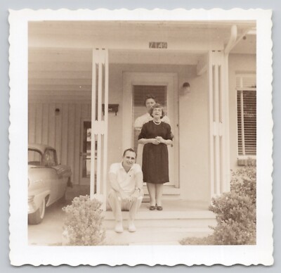 Vintage Photo Family Posing on Front Porch Antique Car in Carport