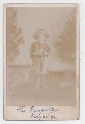 1897 Cabinet Photo Boy Dressed as Gold Miner '' The Prospector '' with Pick & Gun