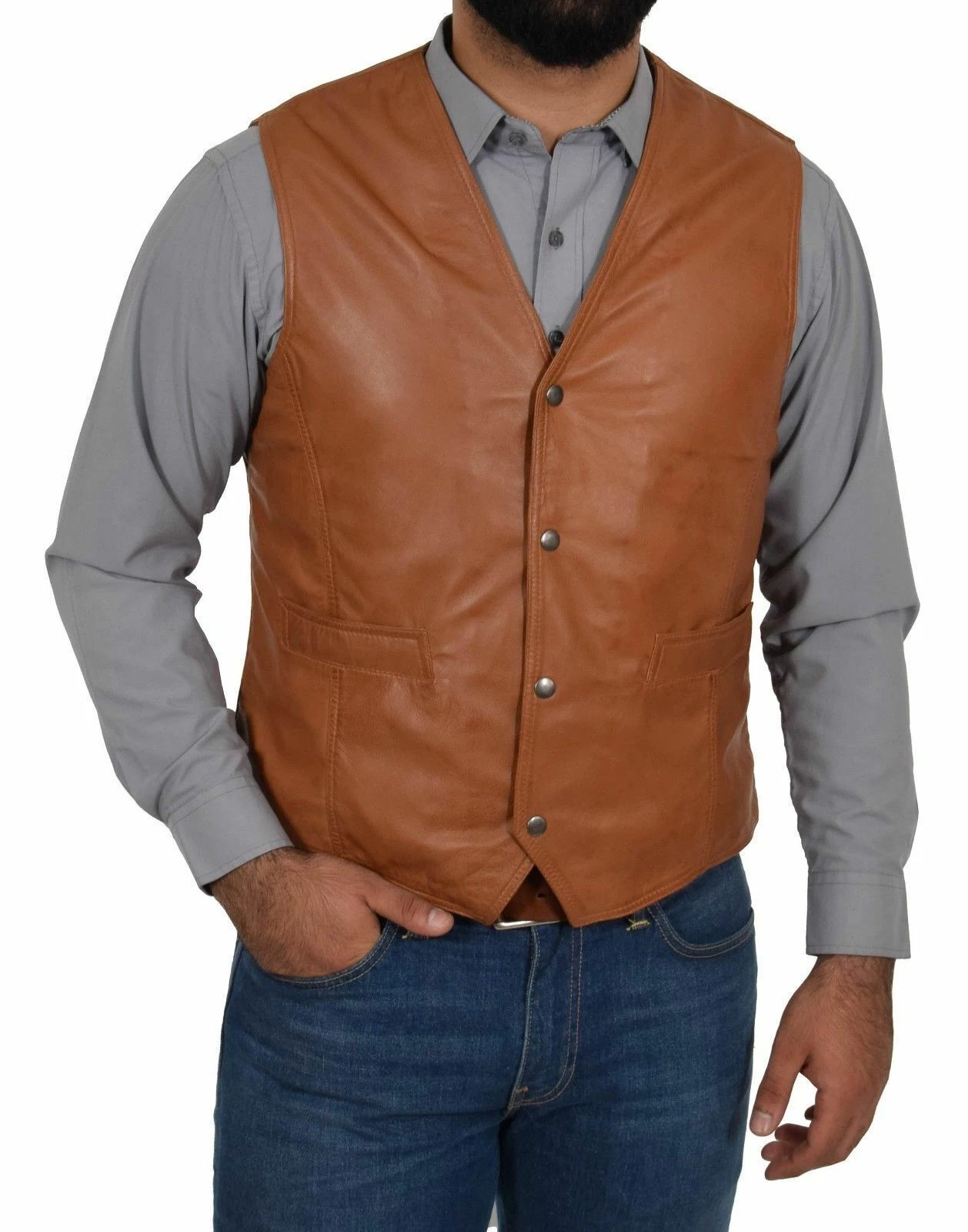 Men's Genuine Tan Soft Leather Waistcoat Gilet Classic Western Stylish Vest Coat