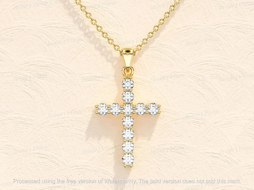 Colgante Cruz Mujer Diamante Creado Corte Redondo 1Ct Chapado en Oro Amarillo 14K 18" Foto 4 de 4