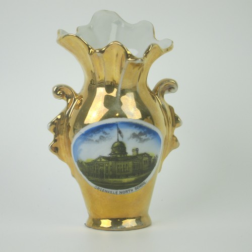 Antique Porcelain Souvenir Vase Greenville Ohio North School 5" Gold Germany - Picture 3 of 9