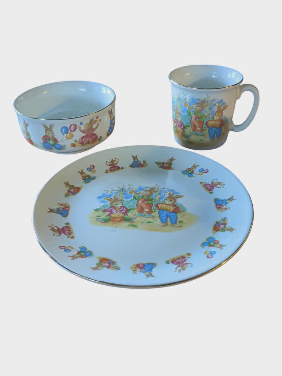 Vintage Mount Clemens Pottery Bunny Child’s Dish Set – Cup, Bowl, Plate