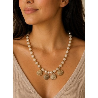Vintage Faceted Czech Glass And Metal Bead Necklace With Coin Charms
