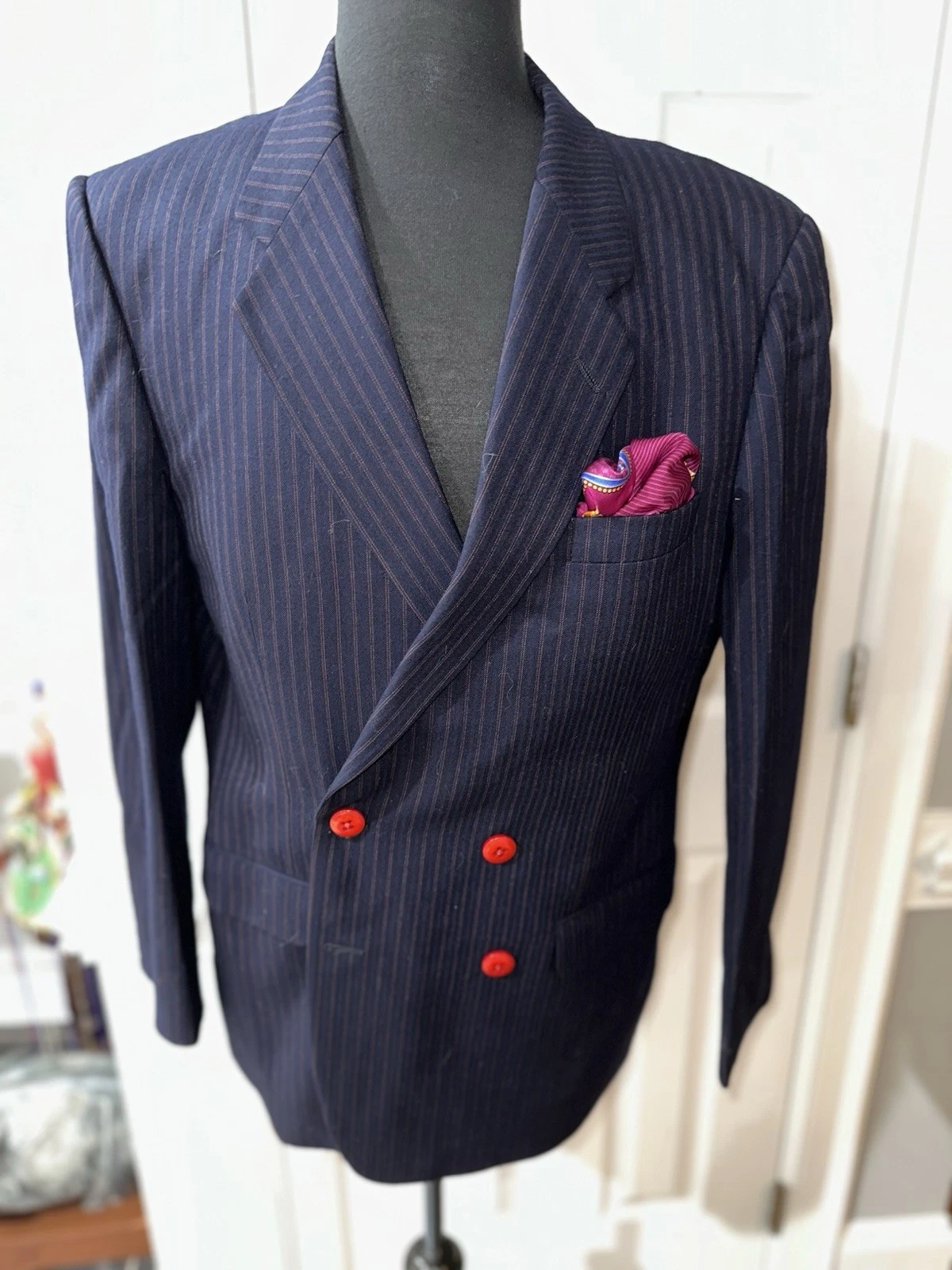 STAFFORD, DOUBLE-BREASTED, BESPOKE, BLACK PINSTRIPE BLAZER Size: 44R