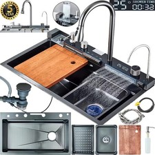 1 Set Digital Display Waterfall Sink Single Bowl Kitchen Sinks, Stainless Steel