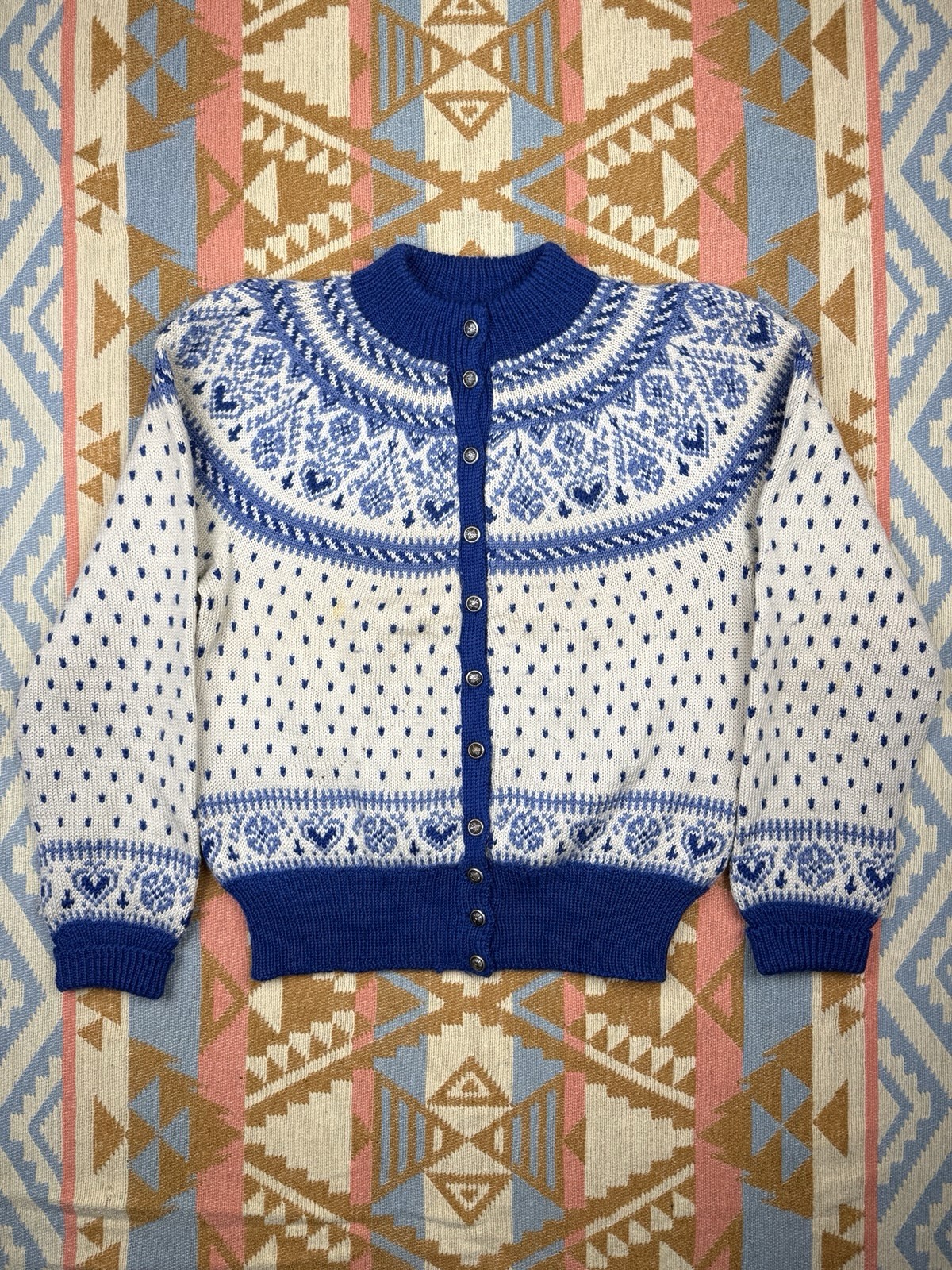 Vintage Cardigan Sweater Small Paul Mage 100percent Wool Fair Isle Denmark 60s Preppy