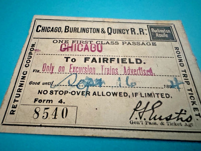 Antique 1895 Train Ticket Chicago Burlington & Quincy Railroad Handwritten
