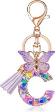 Initial Letter Keychains for Women, Tassel Butterfly, Pink Purple, Car Bag Charm