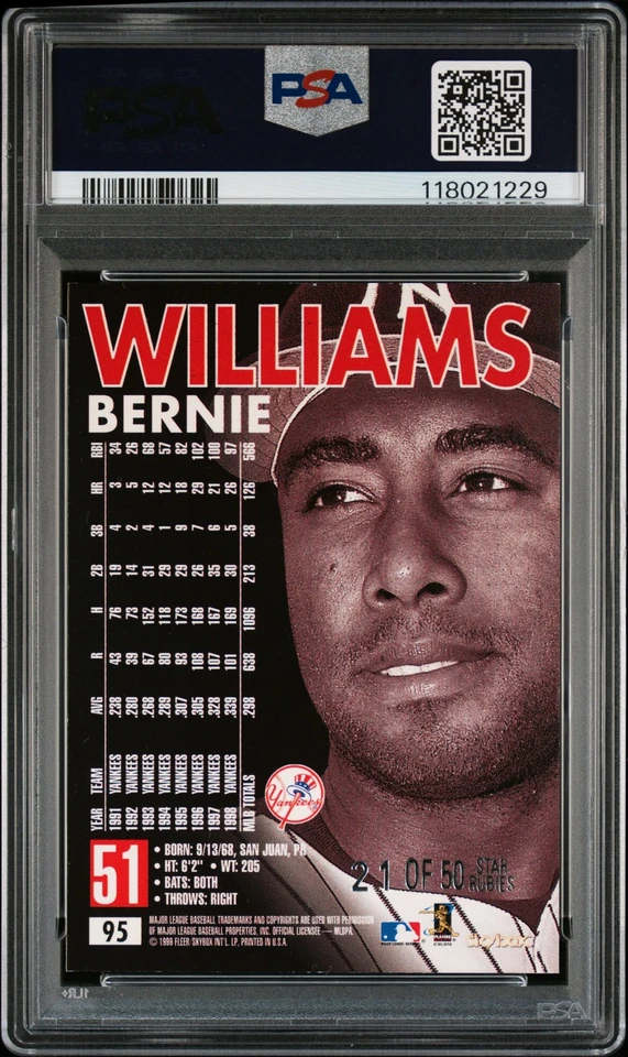 1999 SKYBOX PREM STAR RUBIES #95 BERNIE WILLIAMS 21/50 PSA 7 - Image 2 of 2