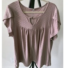 Women's XL Pink Petal Short Sleeve Shirt Cute Summer Pleated Key Hole Loose 