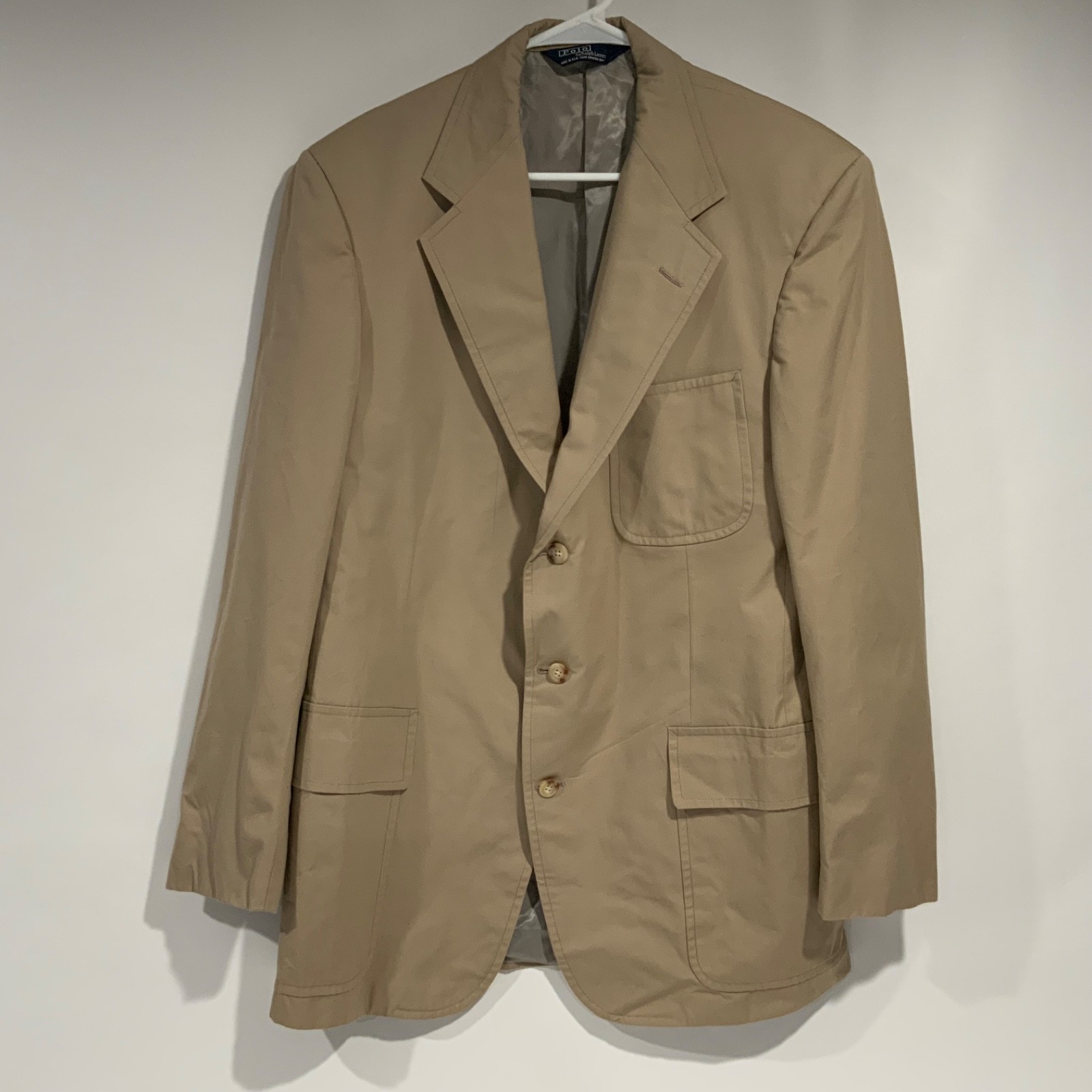 Vintage Polo Ralph Lauren Blazer 42L Sport Coat Union Made USA 90s Khaki Tan