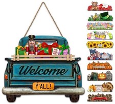 Interchangeable Welcome Sign for Front Door Decor Hanging Blue Farmhouse Truck