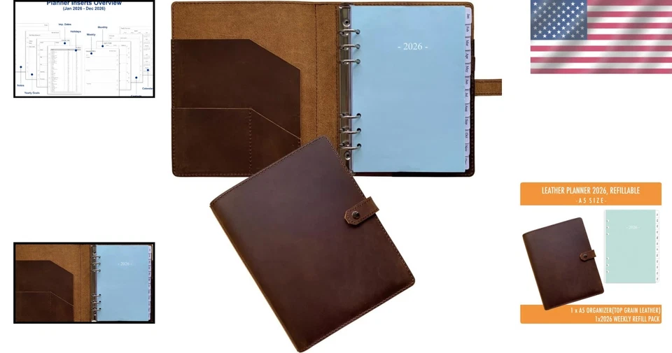 2026 Leather Planner in A5 - Durable 6-Ring Binder with Multiple Storage Pockets - Image 2 of 4