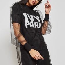 Ivy Park Schwarz T-Shirt Kleid Spitze Mesh Tüll Festival Sommer Oberteil...