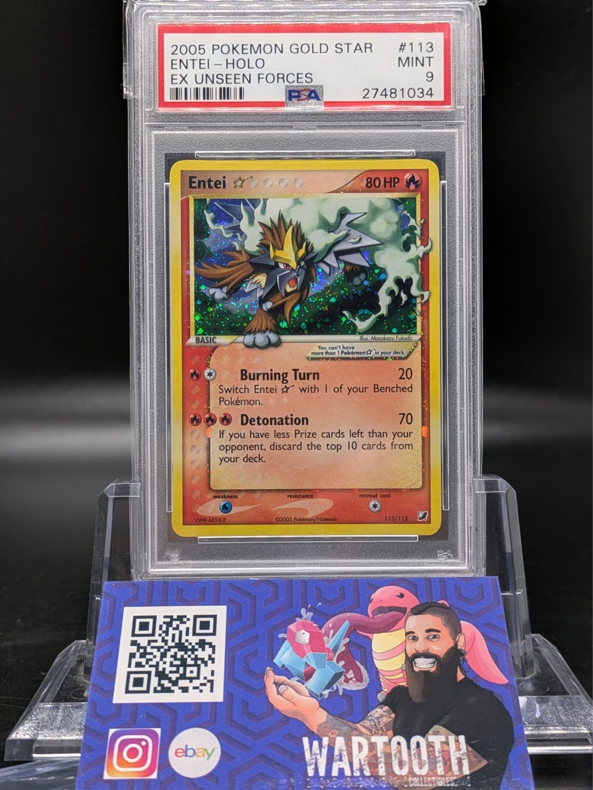 Pokemon Entei Gold Star Holo 2005 EX Unseen Forces #113 PSA 9 Mint