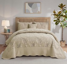 Botanical Oversized Bedspread Queen Size - Leaves Pattern Stitching Quilt Set...