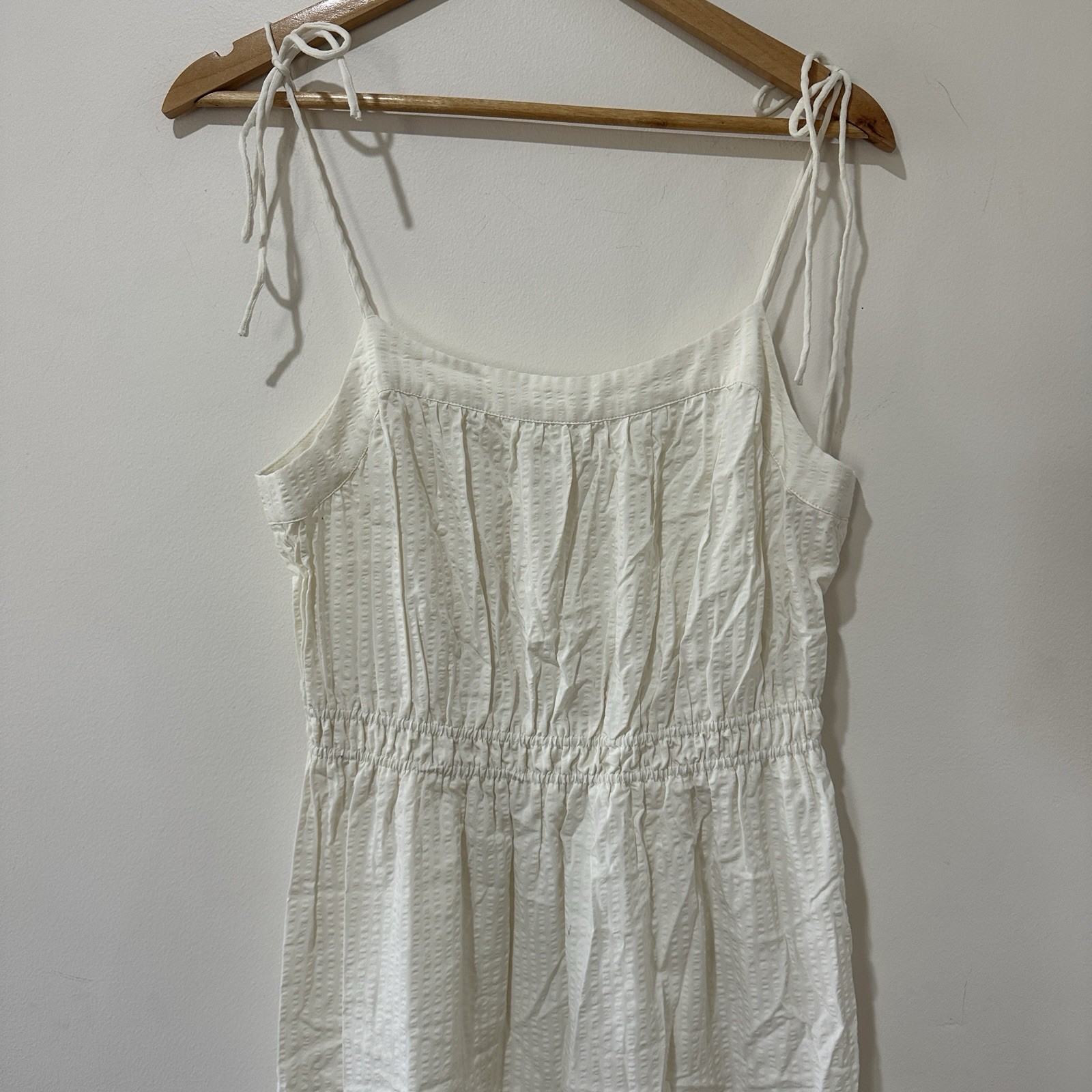H&M Tie Strap Midi Dress Size Small White Textured Woven Ruffle Hem Viscose Boho thumbnail 4
