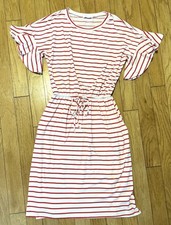 Coral Pink Stripe Dress Short Ruffle Flutter Sleeve Women Large Drawstring Waist