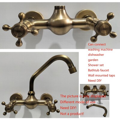 DIY Wall Mounted Kitchen Faucet Hot ＆Cold Antique Brass 2Handles 