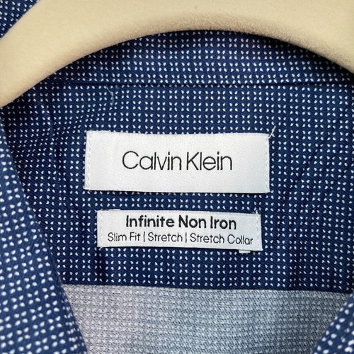 CK Calvin Klein Long Sleeve Button Up Non Iron Slim Fit Blue Geometric Shirt LG - Picture 5 of 11