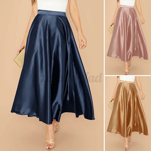 Size Women's Elegant Pleated Satin Dress Maxi High Waist Ladies Long Skirt Party - Afbeelding 1 van 15