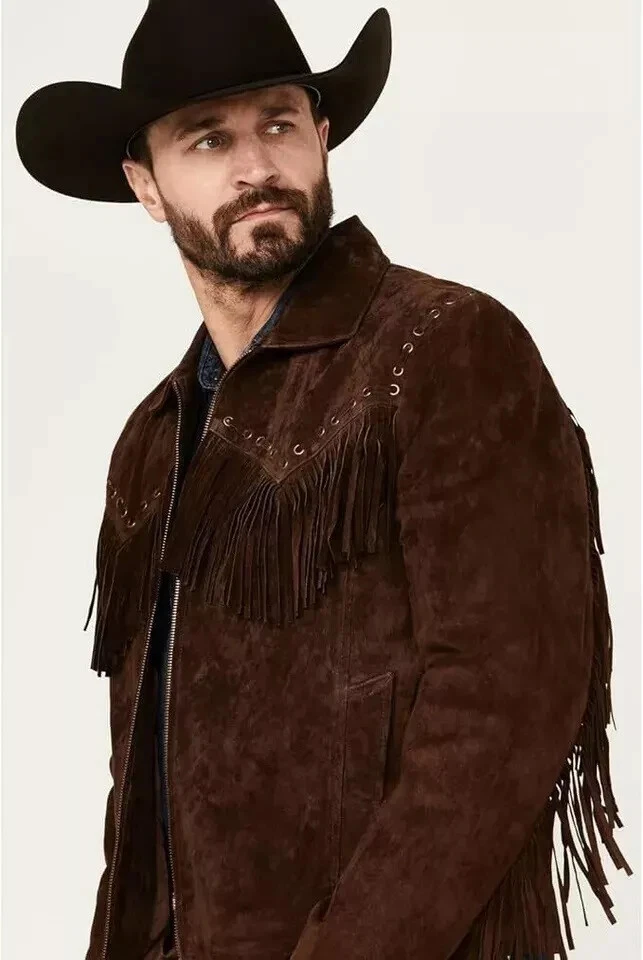 Mens Cowboy Suede Leather Jacket Native American Tassels  Long Fringe - Image 3 of 4